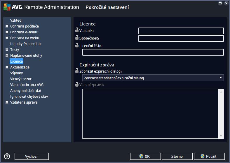 9.3.4. Licence (AVG 2016) Položka Licence je dostupná pouze z AVG Admin Konzole. Lze vyplnit tyto položky: Jméno vlastníka vložte plné jméno vlastníka. Společnost vložte název společnosti.