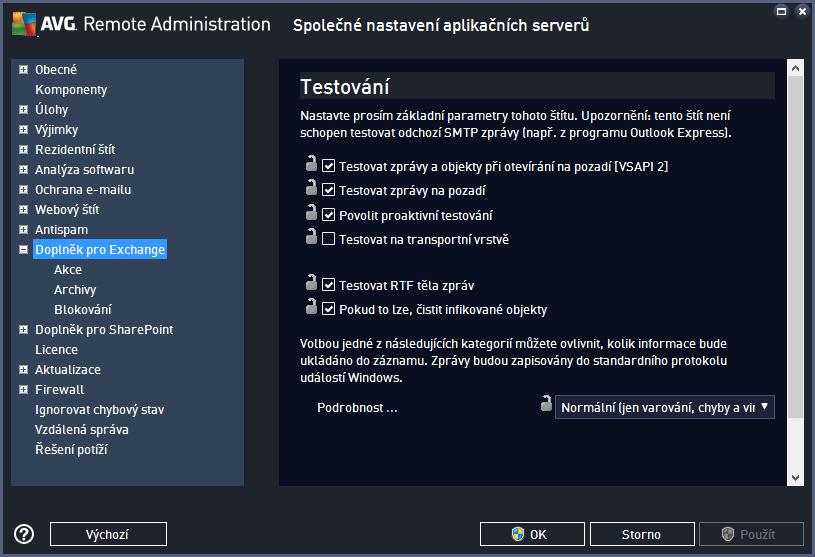 9.5.1. Doplně k pro Exchange Tento dialog umožňuje nastavit doplně k pro poštovní server Exchange a určit, jak se má provádě t testování pošty.