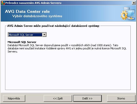 Heslo správce heslo pro správce databáze Název databáze zobrazí předdefinovaný název databáze Jméno uživatele vložte preferované přihlašovací jméno pro databázi (slouží k připojení AVG Admin Serveru)