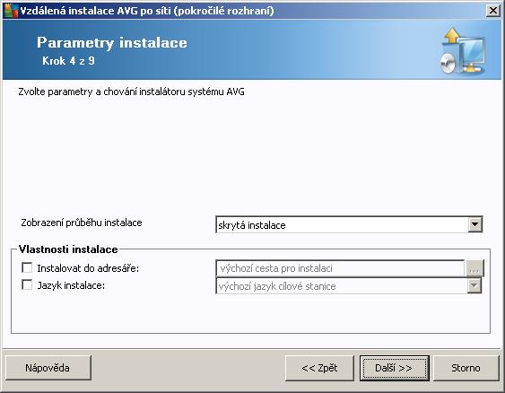 V dialogu Parametry instalace lze vybírat z následujících voleb: Zobrazení průbě hu instalace z rolovací nabídky vyberte jednu z možností: o Skrytá instalace na stanici nebude aktuálně přihlášenému