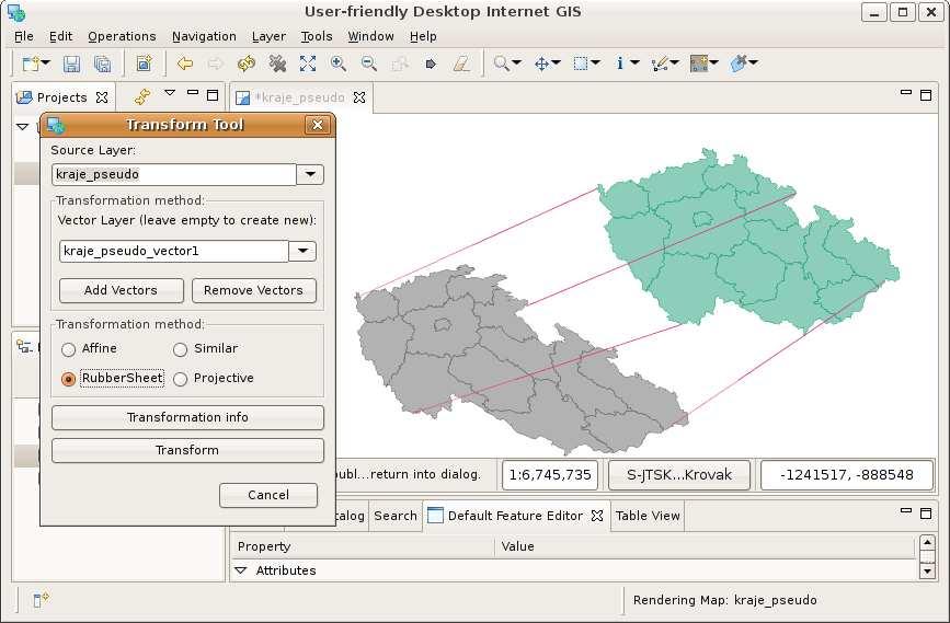 Obr. 1. udig - Modul pro transformace. Ze souřadnic vrcholů výchozích a cílových trojúhelníků jsou určeny pro každý trojúhelník matice afinní transformace.