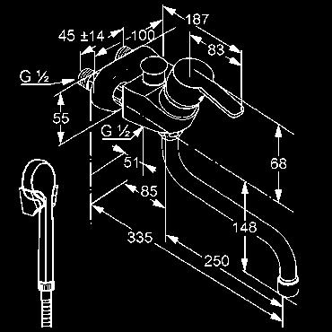 rozpätie 45 mm trieda prietokového množstva BA perlátor M 22 x 1/B otočný výtok 250 mm S-prípojky G 1/2 x G 1/2 poistka proti spätnému nasatiu vody Tele-ručná