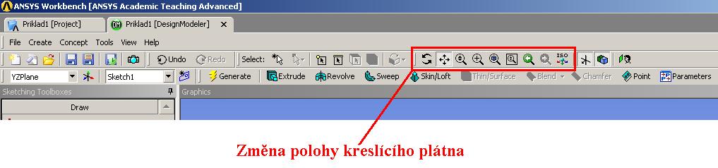 Obr. 7 Změna polohy modelu Výsledek našeho dosavadního snažení, by mohl vypadat např. jako na Obr.8 (čáry, křivky, kružnice atd.). Nyní vymažeme přebytečné čáry a křivky (nebo vše). Obr. 8 Kreslící plátno Pomocí selekce vybereme čáry a křivky, které budeme mazat viz Obr.