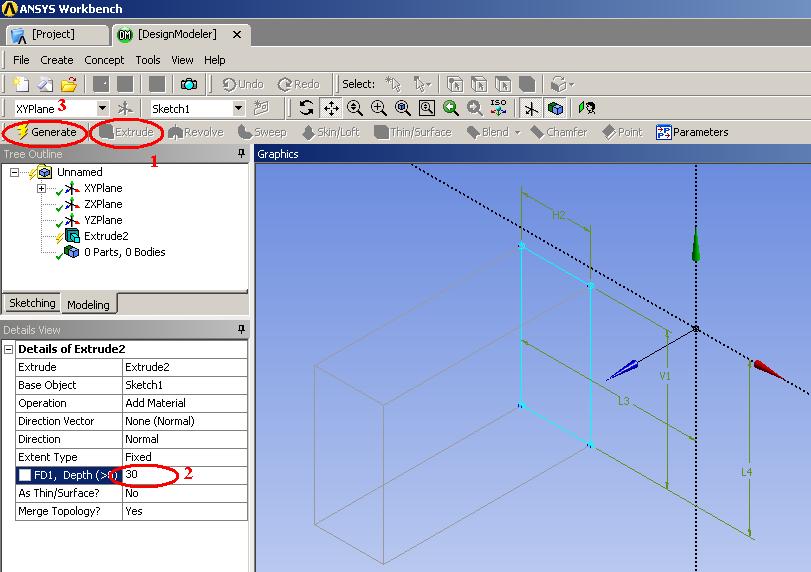 Obr. 12 Vytažení náčrtku (Extrude) Nyní vytáhneme náčrtek do prostoru pomocí příkazu Extrude (viz Obr.