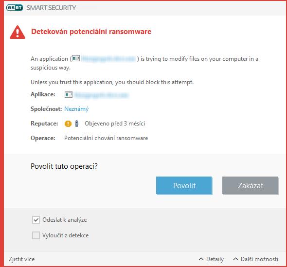 4.1.4.3 Detekován potenciální ransomware Toto dialogové okno se zobrazí, pokud ESET NOD32 Antivirus detekuje aplikaci, jejíchž chování je velmi podobné ransomware.