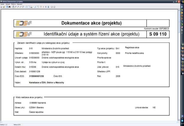 Tisk Dokumentace projektu provedeme přes ikonu Vytisknout v nástrojové liště.