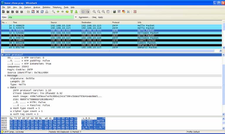 Obr. 4.7: Program Wireshark analýza paketů ZRTP Obr. 4.8: Program Zfone zabezpečení přenosu 4.1.