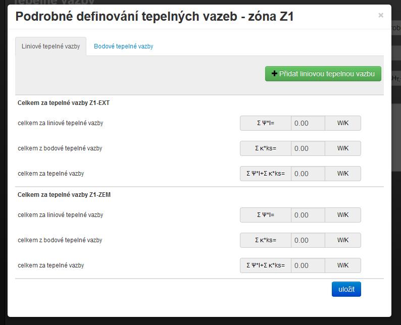 Zadat lze na samostatné záložce libovolné množství liniových a bodových tepelných vazeb, které je nutno přiřadit k