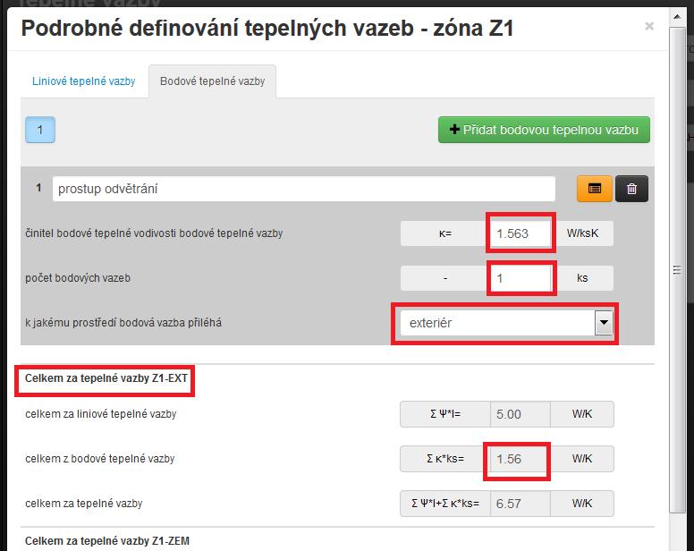 Bodové tepelné vazby: Zadat je nutno součinitel bodové tepelné vodivosti κ [W/ksK] a celkový počet tohoto typu bodových tepelných vazeb ks [-].