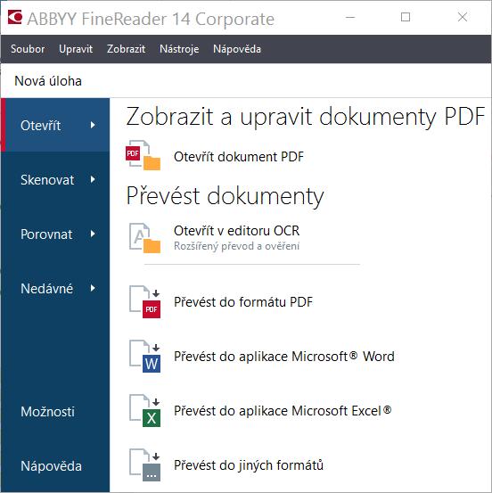 Okno Nová úloha Při spuště ní aplikace ABBYY FineReader Nová úloha se otevře okno, v ně mž můžete snadno otevírat, skenovat, vytvářet nebo porovnávat dokumenty Pokud okno Nová úloha nevidíte (např po