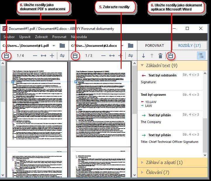 3 Klikně te na tlačítko Porovnat a porovnejte dokumenty 4 Zkontrolujte rozdíly nalezené aplikací ABBYY Porovnat dokumenty Rozdíly mezi porovnávanými verzemi budou v každé z verzí zvýrazně né a