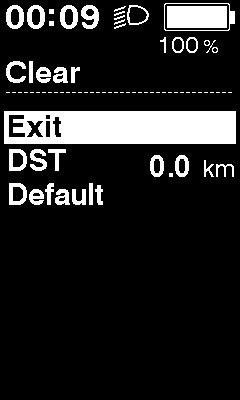 4. kapitola - ZOBRAZENÍ A NASTAVENÍ CYKLOCOMPUTERU Změna nastavení Clear (Vynulovat) Vynulování ujeté vzdálenosti nebo obnovení výchozího nastavení.