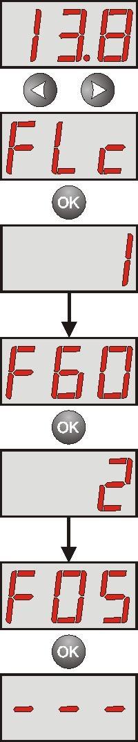 - stiskněte tlačítko < nebo > pro nastavení menu FLc na displeji - stiskněte tlačítko OK - zobrazí se číslo 1, indikující pořadové číslo poruchy v paměti (nejvyšší priorita).