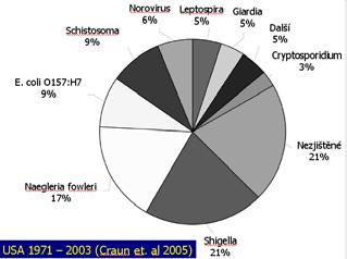 Onemocnění z koupací vody epidemie sporadické případy Příčina % nemocný koupající se 31 příliš mnoho koupajících se 34 malé děti 25 odpadní vody 21 zvířata 18