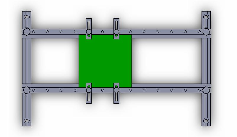 čase. 16 Pohled shora na konstrukci přípravku pro uchycení pájené desky (na obrázku vyznačena zeleně).