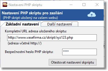Okno nastavení zasílání přes PHP skript Vyplňte kompletní adresu kam jste PHP skript uložili.