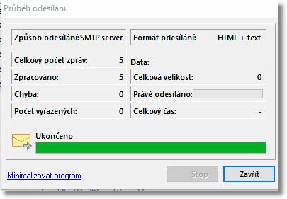 Tlačítkem STOP lze navíc snadno celý proces odesílání zastavit. Detailní výpis o zasílání získáte v dolní části okna.