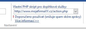 Práce s programem 61 Záložka "Doplňkové služby" Tento speciální PHP skript udělá pouze to, že přesměruje všechny příchozí parametry na web sluzby.hromadnaposta.cz.