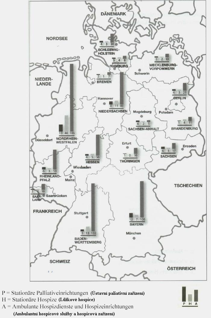 Obr. 2 Přehledná mapa rozložení mobilních a lůžkových hospiců a paliativních zařízení v jednotlivých spolkových zemích Tato tabulka je převzata ze závěrečné práce v oboru psychologie od M.