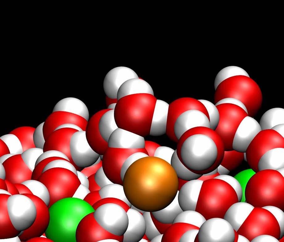 Fig. 3: A cut from a snapshot from our molecular dynamics simulation of an aqueous salt solution/vapor interface demonstrating the atomic resolution of the obtained picture.