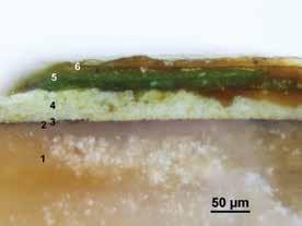 . 9. Stratigrafie vzorků ve viditelném a ultrafialovém světle: a) sv. Jeroným (Panna Marie Ara Coeli), na bílé podmalbě je košenila v kombinaci s olovnatou bělobou.