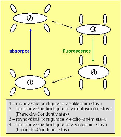 Solvatace fluoroforu při absorpci a emisi v roztocích.