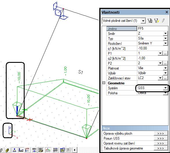Konvence u volného zatížení: Směr: působení zatížení např. Z se vždy řídí systémem: GSS, LSS entity, USS záleží na nastavení systém. Viz příklad 1_konvence_7_1 deska S1 a S3 a obrázky níže.