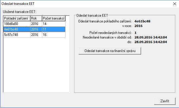 Spustit sekci z úvodní obrazovky: navolit tuto volbu Dále bude zobrazeno okno s údaji o souborech s transakcemi EET (zařízení) uložených na PC, včetně počtu odeslaných, neodeslaných za období.