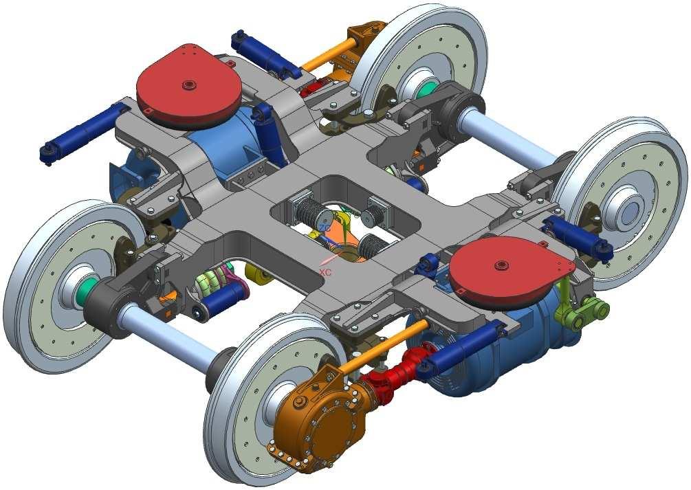 7. Navržený trakční podvozek Navržený podvozek má klasický rozchod kol 1435 mm. Rozvor kol byl stanoven na 500 mm a průměr kol na 90 mm.