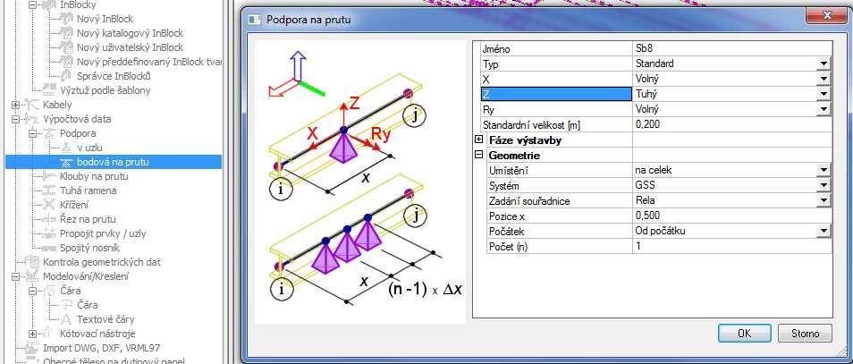 2.1.3 Pdpry Pdpry zadáme v servisu Knstrukce > Výpčtvá data > Pdpra > Bdvá na prutu. Namdelujeme pdpry ve směru sy Z uprstřed nsníků B1, B3, B9 a B12.