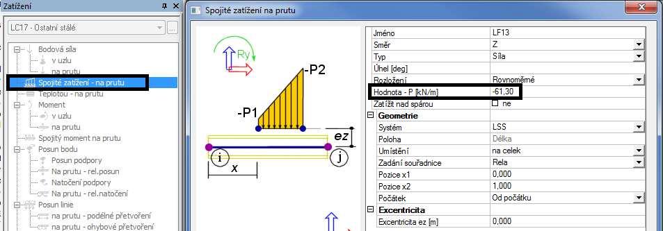 Zadání hdnty zatížení prvedeme v servisu Zatížení > Spjité zatížení na prutu.