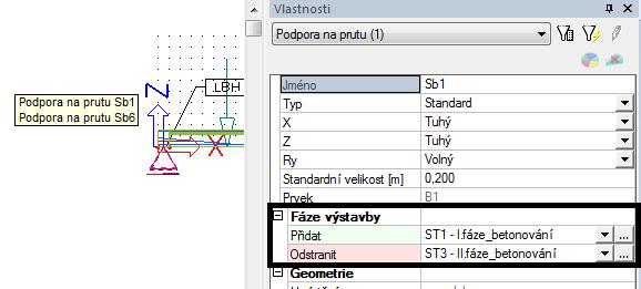 Pdbně pstupujeme i pr pdpry: Pdpru Sb1 (ve směru X a Z) na prutu B1 přidáme d fáze ST1 a debereme ve fázi ST3.