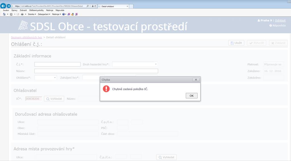 Při zadání chybného IČ se Vám