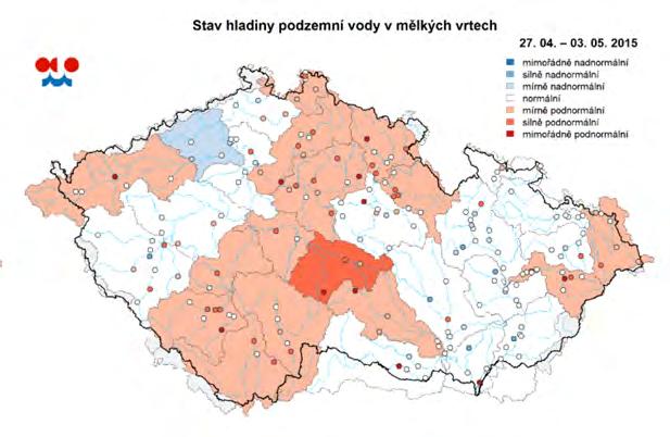 Mapa 5: Porovnání stavu sucha ve sledovaných mělkých vrtech v období počátku května v letech 2015 2018 Stav hladiny v mělkých vrtech v roce 2015, 2016, 2017 a 2018 % TKP 0 10 20 30 40 50 60 70 80