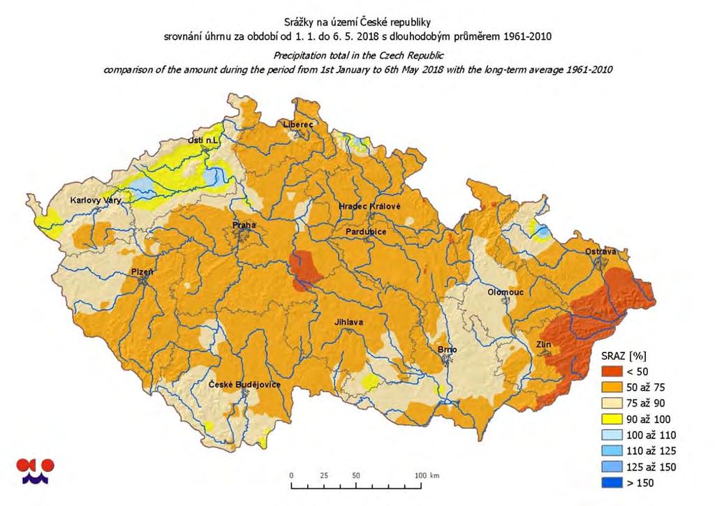 Mapa 3: Srážky na území ČR od počátku