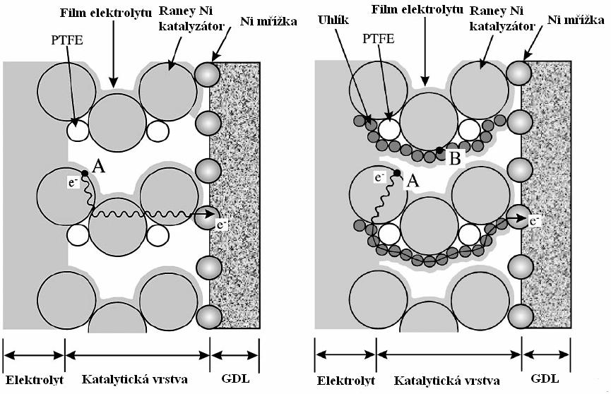 Obr. 54: Schéma elektrody s Raney Ni, vlevo bez přídavku uhlíku, vpravo s uhlíkem Strukturu elektrody s Raney niklem zobrazuje obr.54. Výkon elektrody se zvyšuje s rostoucím množstvím příměsí uhlíkových částí (Chezacarb A) po určitou hodnotu, kde uhlíkový materiál začne měnit porózní strukturu elektrody a výkon lehce klesá.