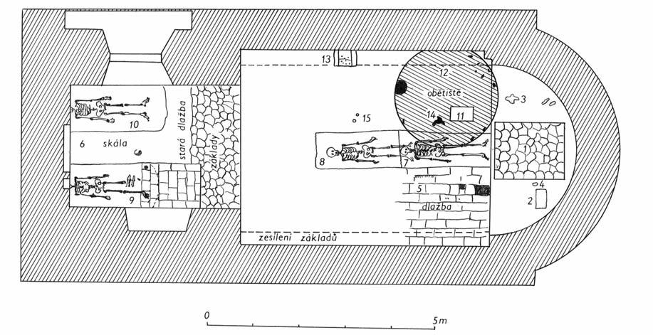 Obr. 75. Půdorys románského kostela sv. Michala v Čáslavi (Čechy) podle výzkumu Klimenta Čermáka v roce 1901. Pramen: Čermák 1903, Malina a kolektiv 1976, obr. 33.