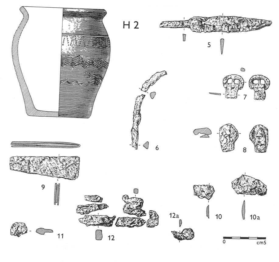 Obr. 137. Nádoba, nůž (5), ostruhy a kování upínacích souprav (6 8), zavírací nůž (břitva) (9), ocílka (12) a železné zlomky (10, 11) z hrobu č. 2 na pohřebišti Morkůvky-Hotařský kopec.