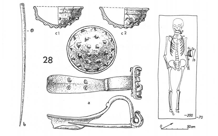 Obr. 7. Kostrový hrob muže vysokého kolem 173 cm a zemřelého ve věku 50 až 60 let objevený v Sládkovičově (Slovensko). K hrobovému inventáři patří jehlice (b), nádoba (c) a bronzová spona (a).