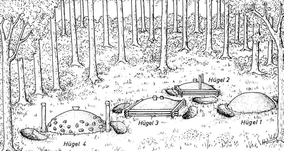 Obr. 13. Rekonstrukce vzhledu severní části mohylového pohřebiště z 8. až 10. století u Gahro (Německo). Dřevěné srubové konstrukce (Hügel 2,3) byly asi rovněž překryty mohylovým násypem.