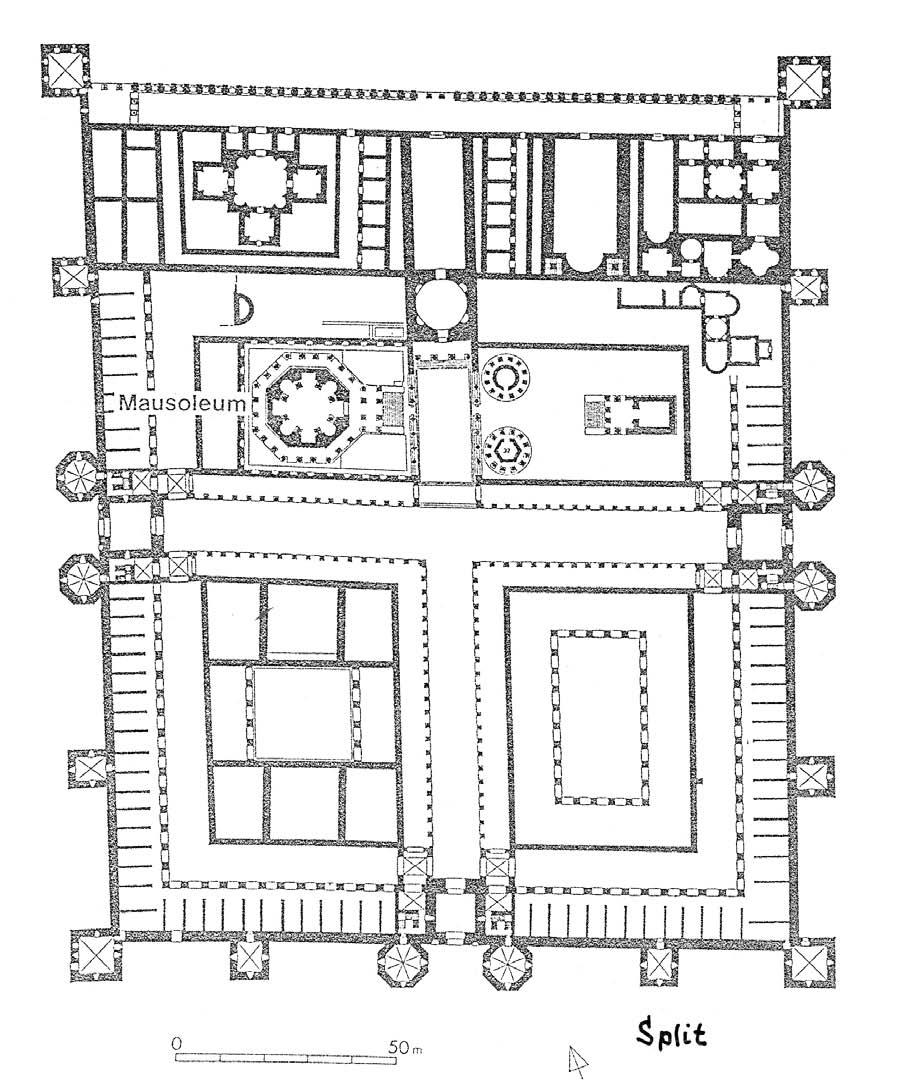 Obr. 48. Palác římského císaře Diocletiana s mauzoleem z počátku 4. století v Salonách (dnešní Split v Chorvatsku). Pramen: Waurick 1973, Abb. 7.