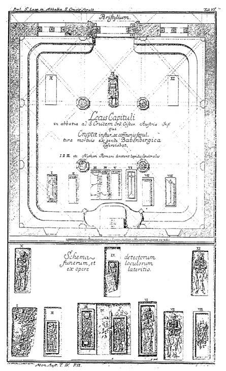 Obr. 62. Hroby Babenbergů v klášteře Heiligenkreuz (Rakousko) podle rytiny z roku 1772. Pramen: Weiss-Krejci 2001, obr. 3.