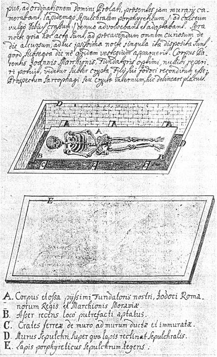 Obr. 66. Kresebná dokumentace hrobu markrabího Jošta (zemřel roku 1411) v chrámu sv. Tomáše v Brně (Morava). Pramen: Vlček 2000, obr. II/127.