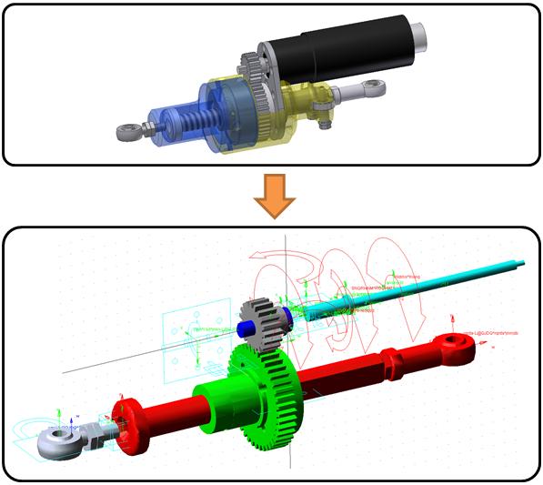 Model v MSC ADAMS vychází z konstrukčního modelu v prostředí Inventor, odkud byly importovány jednotlivé funkční skupiny.