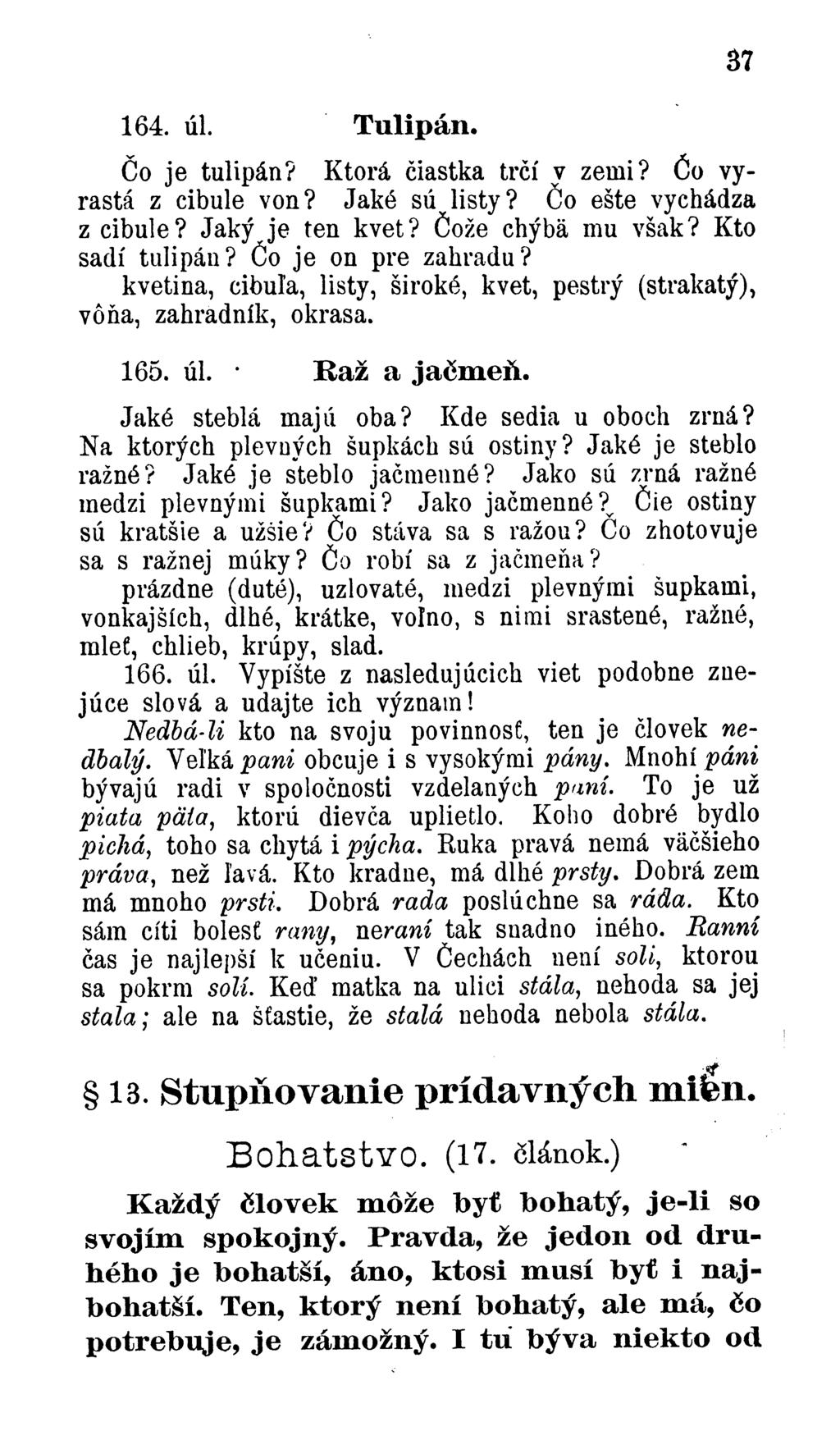 164. úl. Tulipán. 37 Čo je tulipán? Ktorá čiastka trčí y zemi? Čo vyrastá z cibule von? Jaké sú listy? Čo ešte vychádza z cibule? Jaký je ten kvet? Čože chýbä mu však? Kto sadí tulipán?