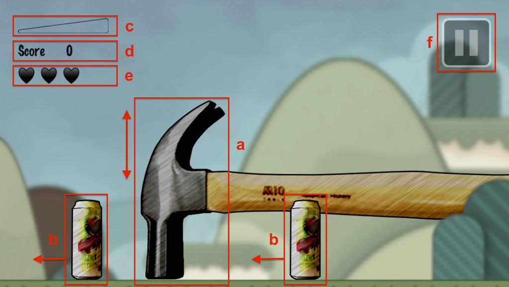 Realizace hry Popis výsledné hry a) Kladivo, hlavní objekt hry, na obrázku je zobrazeno v základní poloze. Pokud hráč švihne prste směrem vzhůru, získá impuls a vznese se do vzduchu.