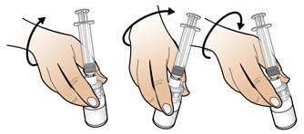 Injekční lahvičku položte na stůl a nasaďte injekční stříkačku naplněnou vodou na injekce do adaptéru na lahvičky: držte vnější konec adaptéru jednou rukou a druhou rukou nasaďte špičku injekční