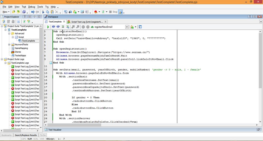 3.3 Nástroje pro automatizované testování 43 VBScript. TestComplete podporuje odlaďování jednotlivých skriptů pomocí vytváření kontrolních bodů ve vývojovém prostředí.