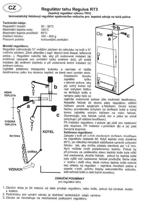 Regulátor tahu Závěr: U kotlů řady KTP se řídíme červenou stupnicí a instalace a umístění regulátoru