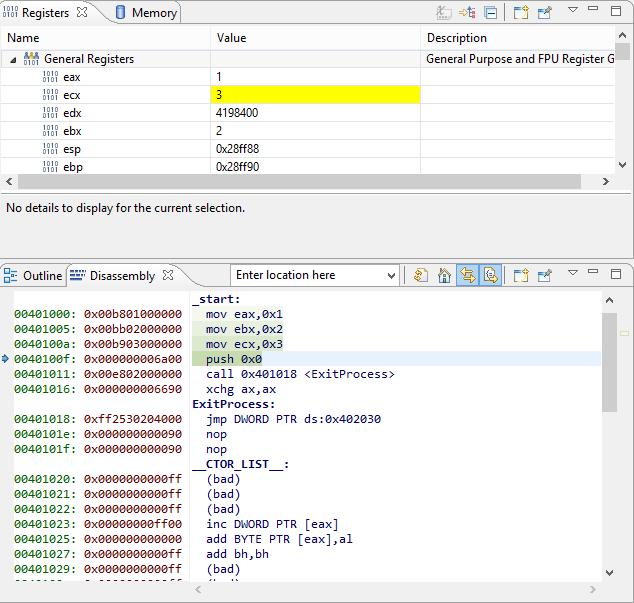 Debugger v Codasip Studio (Eclipse) Lze sledovat jednotlivé registry. Při změně dojde k jejich zvýraznění.